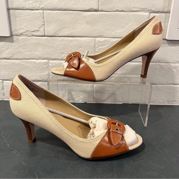 NEW Worthington sz 8 tan and brown spectator peeptoe pumps - Picture 8 of 16